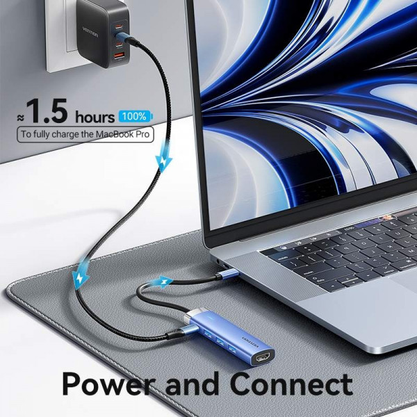 Док-станція USB3.1 Type-C -> HDMI 4K30Hz/USB 3.0x3/PD 100W Blue Aluminum Alloy Hub 5-in-1 Vention