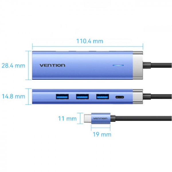 Док-станція USB3.1 Type-C -> HDMI 4K30Hz/USB 3.0x3/PD 100W Blue Aluminum Alloy Hub 5-in-1 Vention
