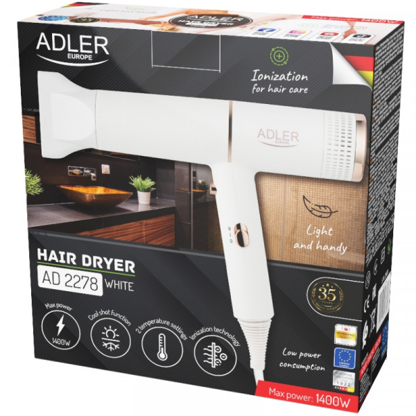 Фен Adler AD 2278 white 1400Вт/ 2 швидкості/ хол.обдув/ темп.режимів-2/іонізація/ насадки - 1 шт.