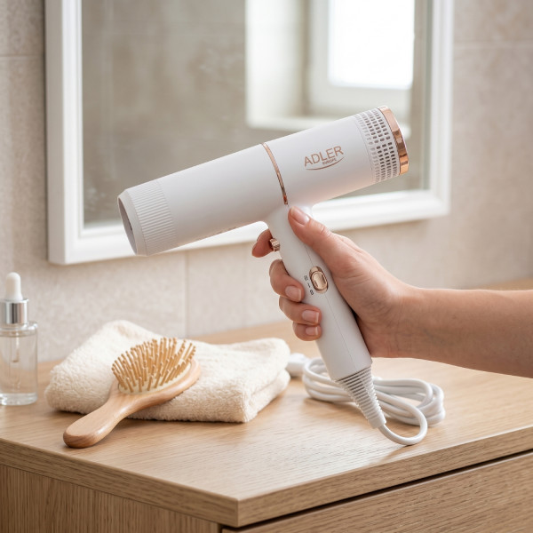 Фен Adler AD 2278 white 1400Вт/ 2 швидкості/ хол.обдув/ темп.режимів-2/іонізація/ насадки - 1 шт.