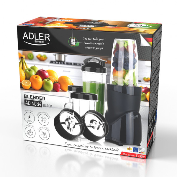Фітнес-блендер Adler AD 4084 black 500Вт/ Pulse/ 4 скляні пляшки 700мл, 2x500мл, 300мл/ чорний