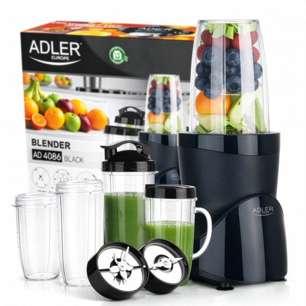 Фітнес-блендер Adler AD 4084 black 500Вт/ Pulse/ 4 скляні пляшки 700мл, 2x500мл, 300мл/ чорний