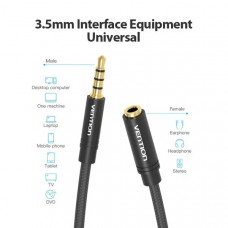Кабель AUX Audio TRS M/F 5.0м Gold-Plated, нейлонове обплетення, чорний Vention