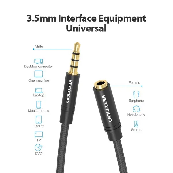 Кабель AUX Audio TRS M/F 5.0м Gold-Plated, нейлонове обплетення, чорний Vention