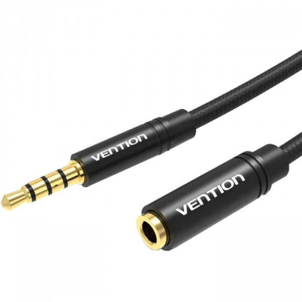 Кабель AUX Audio TRS M/F 5.0м Gold-Plated, нейлонове обплетення, чорний Vention