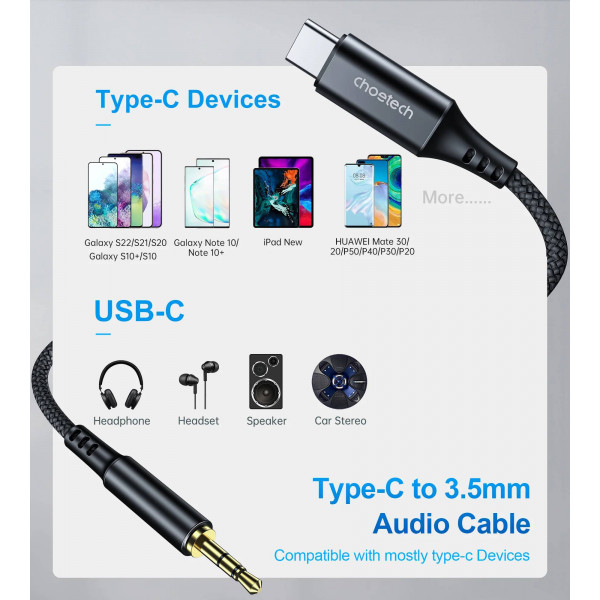 Кабель AUX Type-C - TRS Audio M/M 1.0 м DAC Chip 96kHz, чорний Choetech