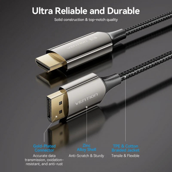 Кабель DisplayPort M - HDMI M V1.4, 1.8м, 8K 60hz,Dynamic HDR, нейлонове обплетення, чорний, Vention