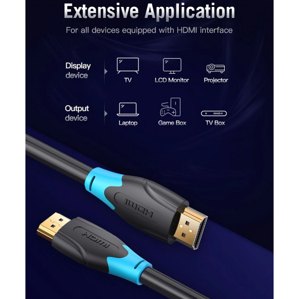 Кабель HDMI M - M, 1.0 м, V2.0, 4K 60Гц, PVC, чорний, Vention