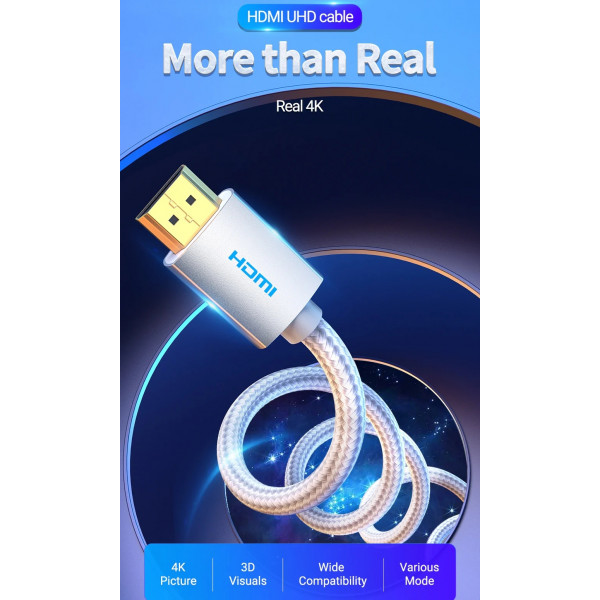 Кабель HDMI M - M, 1.0м, V2.0, 4K 60Гц, обплетення, Aluminum Alloy Type сірий Vention