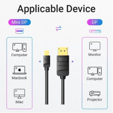 Кабель Mini DisplayPort - DisplayPort M/M 2.0м, 4K 60Hz двонаправлений, чорний, Vention