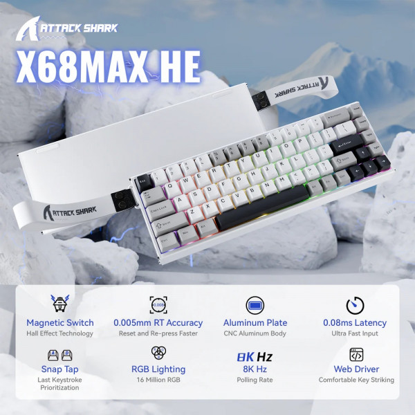Клавіатура ігрова магнітна Attack Shark X68 Max HE 68кл. RGB, USB-C, Starlight White