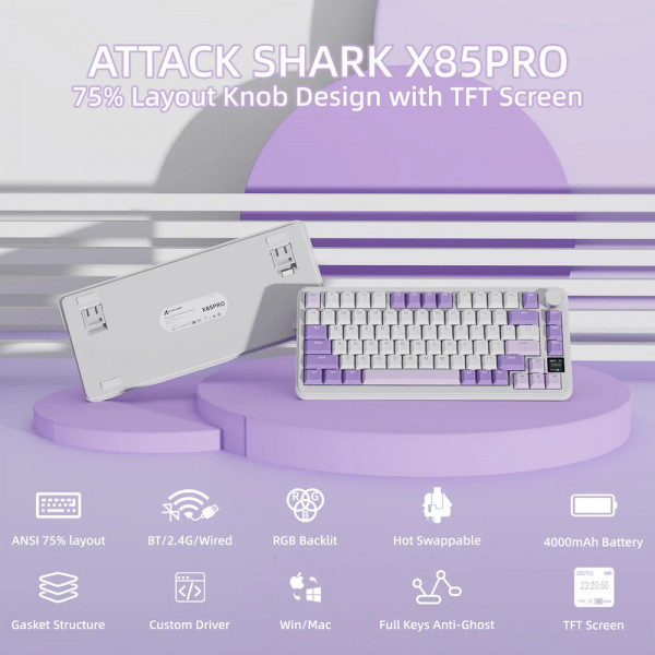 Клавіатура ігрова механічна Attack Shark X85PRO 82кл. RGB, Wireless, Lavender