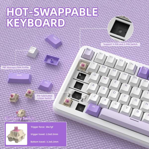 Клавіатура ігрова механічна Attack Shark X85PRO 82кл. RGB, Wireless, Lavender