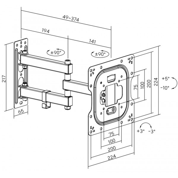 Кронштейн для ТВ AGN AGN43-222P з поворотом/два коліна/23"-43"/30 кг/max.VESA 200x200/Black