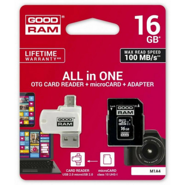Memory card Secure Digital Micro 16Gb GoodRAM (class10) UHS I Retail + Adapter + CardReader