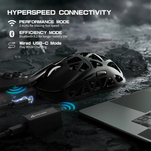 Мишка Attack Shark R2, Wireless/Bluetooth, 42000dpi, (PAW3950), 6кн., Black