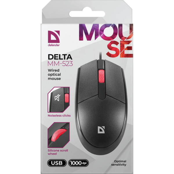 Мишка Defender Delta MM-523, 3кн.,1000dpi, безшумна чорна