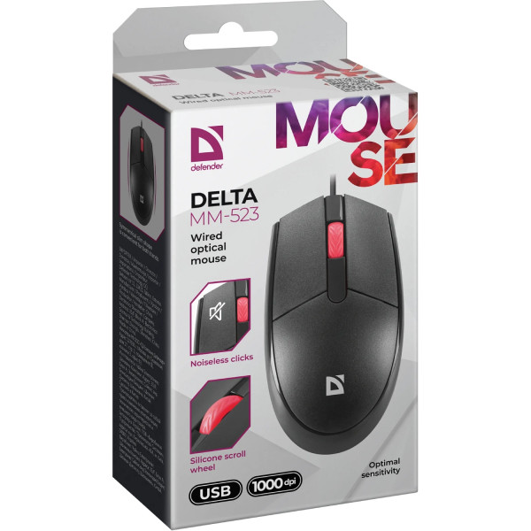 Мишка Defender Delta MM-523, 3кн.,1000dpi, безшумна чорна