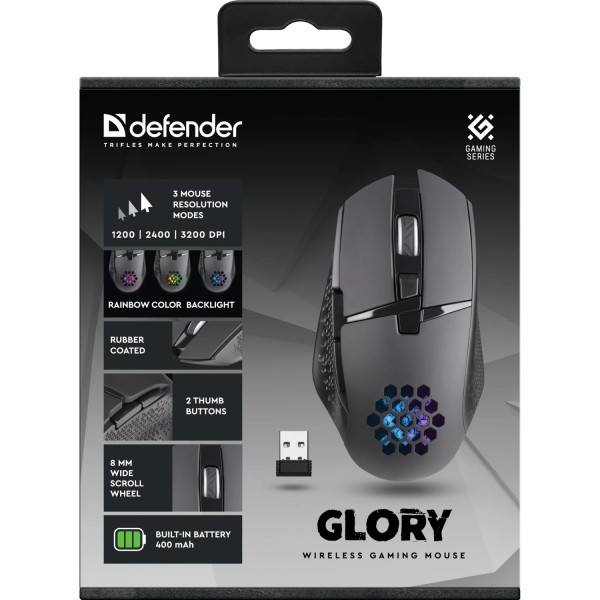 Мишка Defender Glory GM-514, ігрова бездротова, 7 кн. до 3200 dpi, LED, 400 мАг