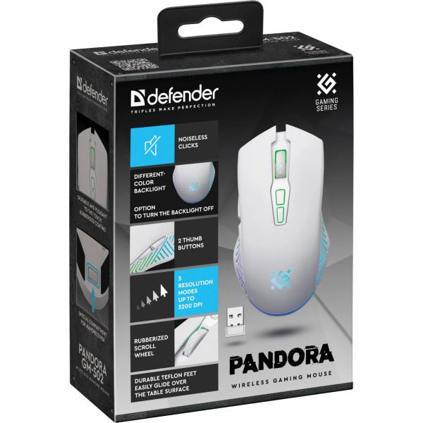 Мишка Defender Pandora GM-502, бездротова, ігрова, 7кн., 3200 dpi., 500 mAh, чорна