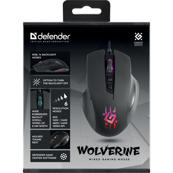 Мишка Defender Wolverine GM-700L ігрова RGB, 7 кн., 12800 dpi, чорна