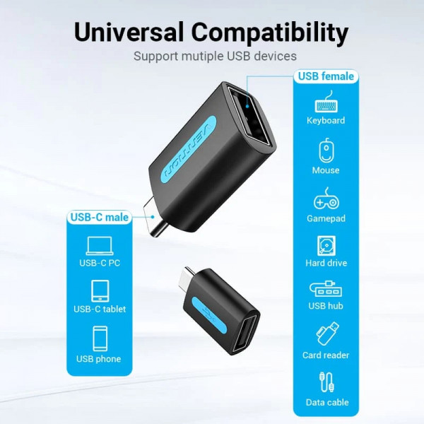 Перехідник USB 2.0 Type-C -> USB AF (OTG) PVC Vention чорний