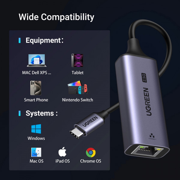 Перехідник USB 3.0 Type-C -> Ethernet RJ45 2.5Gb CM648 Ugreen чорний