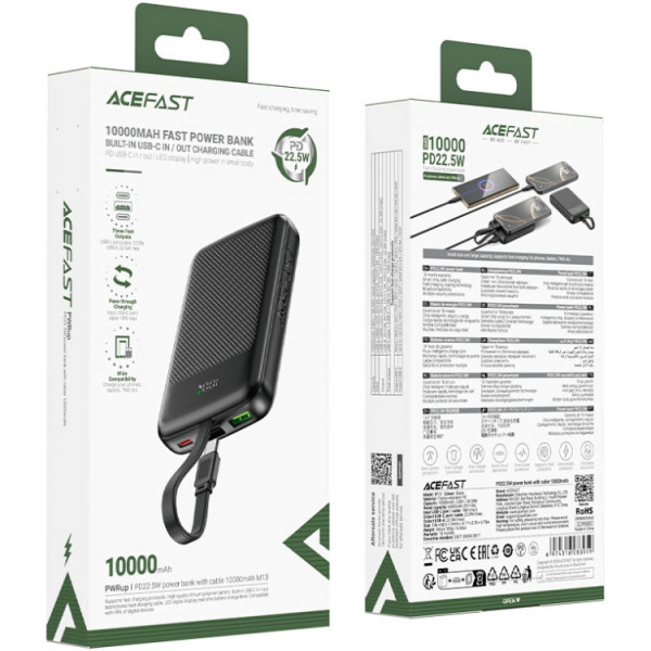 УМБ Acefast 10000mAh 22.5W PD,QC3.0 2xUSB-C,USB-A, with build Type-C cable, M13 Black