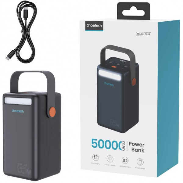 УМБ Choetech 50000mAh, PD3.0 65W USB-C, QC3.0, 3хUSB-A 18W, mirco USB, Li-pol LED Light, чорна