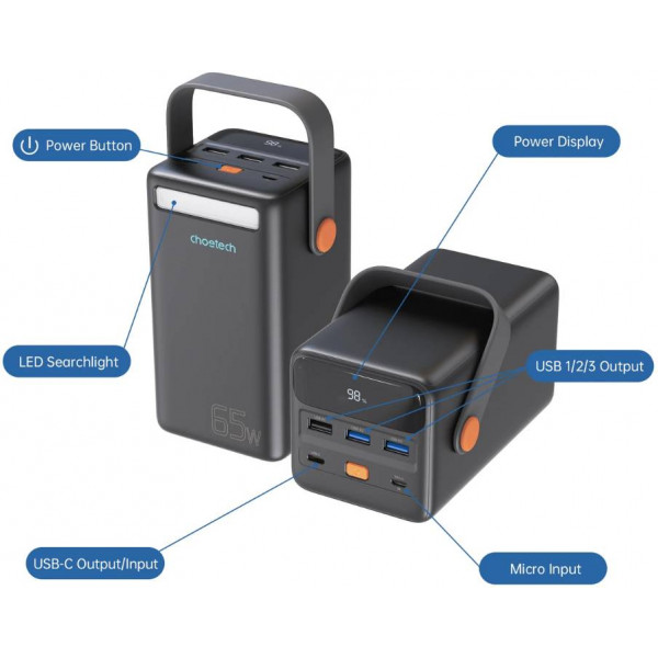 УМБ Choetech 50000mAh, PD3.0 65W USB-C, QC3.0, 3хUSB-A 18W, mirco USB, Li-pol LED Light, чорна