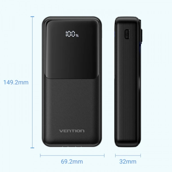 УМБ Vention 20000mAh 22.5W 3A PD, Micro-USB,USB-C,2xUSB-A,Built-in USB-C+Lightning Cables Black