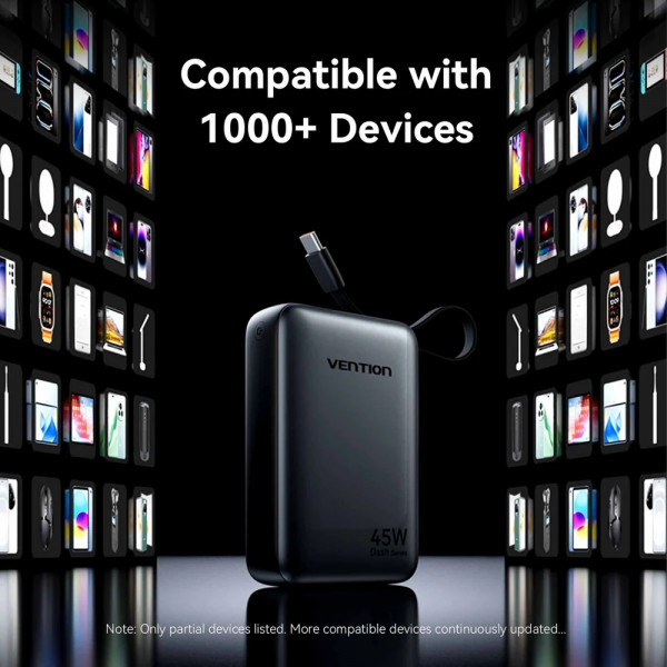УМБ Vention 20000mAh 45W PD3.1, USB-A, USB-C In/Out, with Built-in USB-C cable Beige