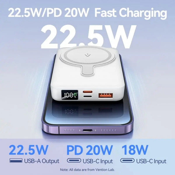 УМБ Vention Magnetic Wireless 10000mAh 22.5W PD,QC 3.0,USB-C,Lightning,USB-A,LED Display White