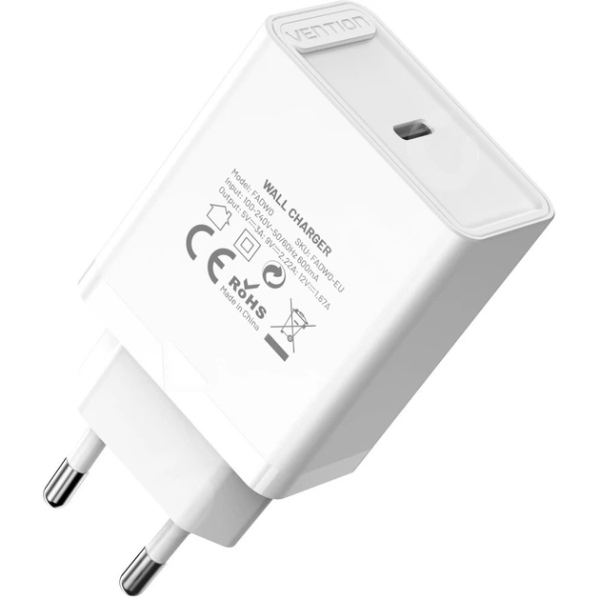 Зарядний пристрій 1xUSB-C 20W PD, QC4.0 білий Vention