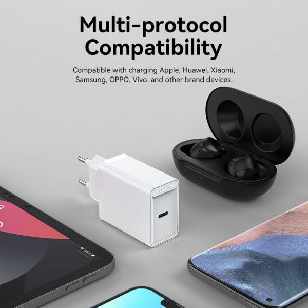 Зарядний пристрій 1xUSB-C 20W PD, QC4.0 білий Vention