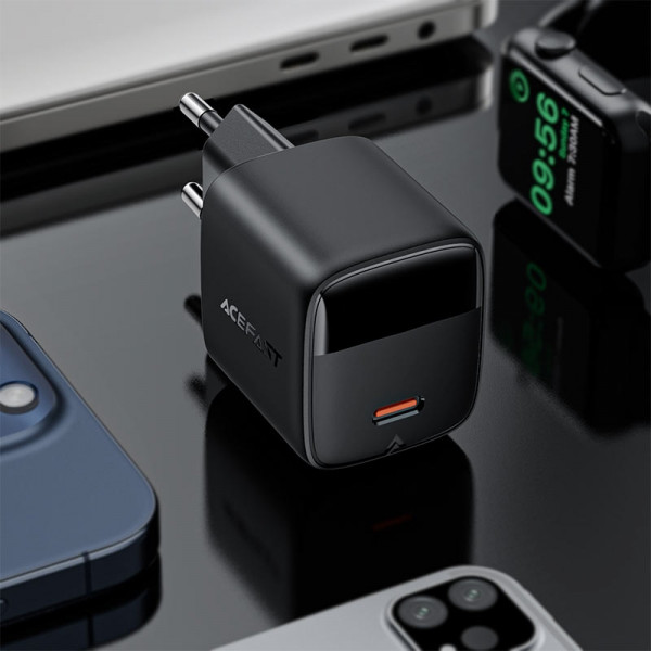 Зарядний пристрій 1xUSB-С 30W with digital display Gan A115 Black Acefast