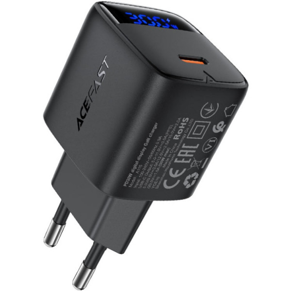 Зарядний пристрій 1xUSB-С 30W with digital display Gan A115 Black Acefast