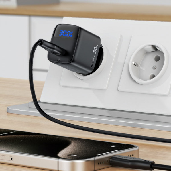 Зарядний пристрій 1xUSB-С 30W with digital display Gan A115 Black Acefast