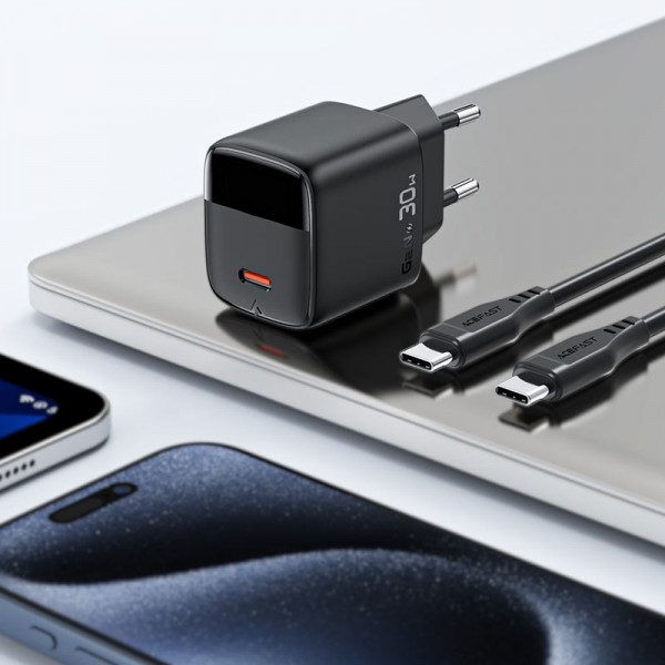Зарядний пристрій 1xUSB-С 30W with digital display Gan A115 Black Acefast