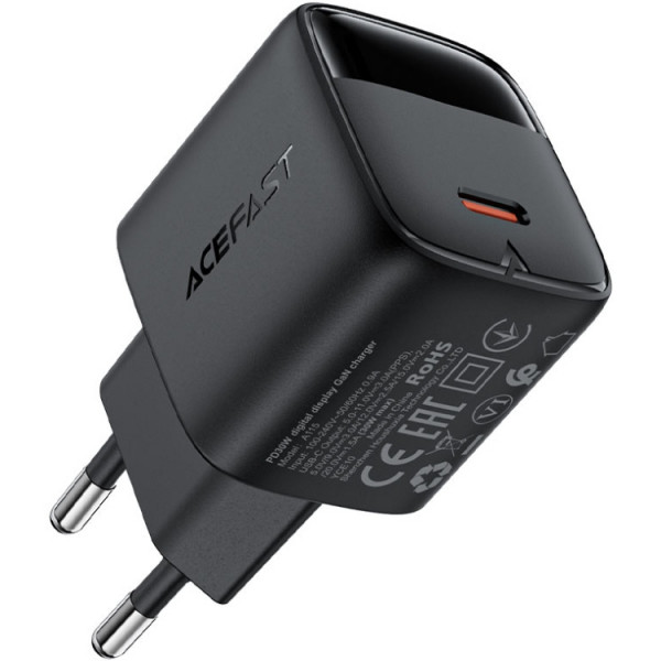 Зарядний пристрій 1xUSB-С 30W with digital display Gan A115 Black Acefast