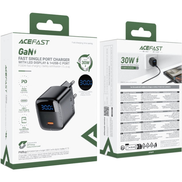 Зарядний пристрій 1xUSB-С 30W with digital display Gan A115 Black Acefast