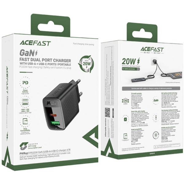Зарядний пристрій 2xUSB 20W (USB-C+USB-A) Gan A78 Black Acefast