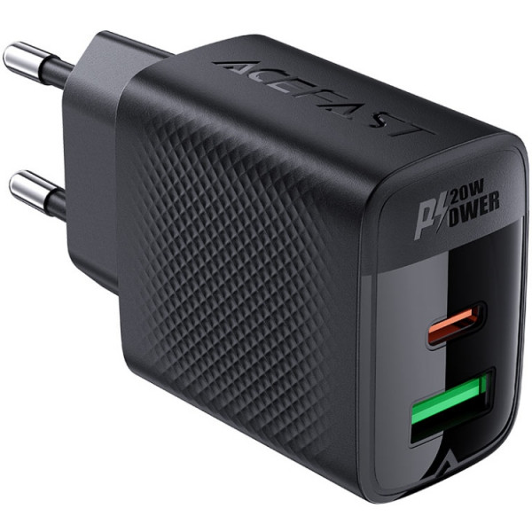 Зарядний пристрій 2xUSB 20W (USB-C+USB-A) Gan A78 Black Acefast