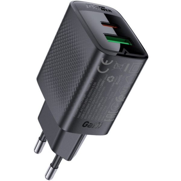 Зарядний пристрій 2xUSB 20W (USB-C+USB-A) Gan A78 Black Acefast