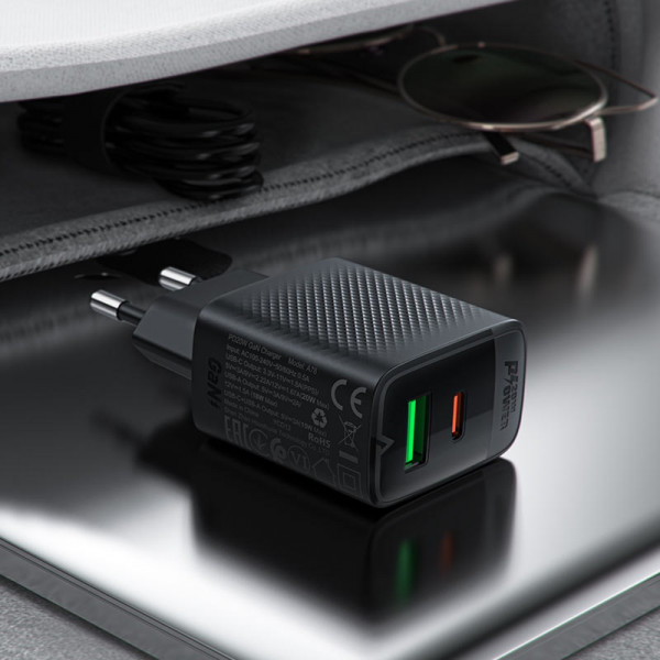 Зарядний пристрій 2xUSB 20W (USB-C+USB-A) Gan A78 Black Acefast
