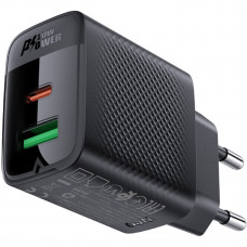 Зарядний пристрій 2xUSB 20W (USB-C+USB-A) Gan A78 Black Acefast