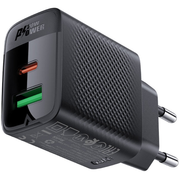 Зарядний пристрій 2xUSB 20W (USB-C+USB-A) Gan A78 Black Acefast
