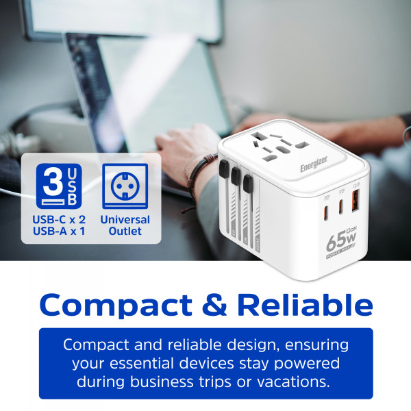 Зарядний пристрій 3xUSB 65W GaN (2хUSB-C+USB-A) PD3.0/QC3.0, universal plugs US/EU/AU/UK Energizer