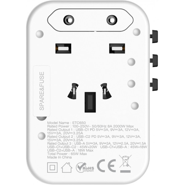 Зарядний пристрій 3xUSB 65W GaN (2хUSB-C+USB-A) PD3.0/QC3.0, universal plugs US/EU/AU/UK Energizer