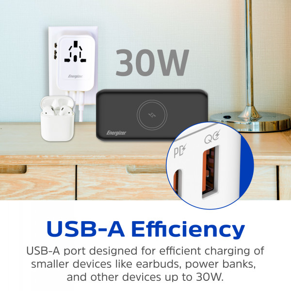 Зарядний пристрій 3xUSB 65W GaN (2хUSB-C+USB-A) PD3.0/QC3.0, universal plugs US/EU/AU/UK Energizer